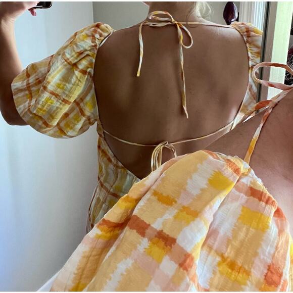 Astr The Label Anthropologie IIana Puff Sleeve Prarie Yellow Plaid Dress - Picture 8 of 17